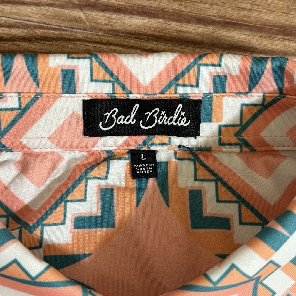 Bad Birdie Golf Polo Shirt Men Size Large Aztec Pink Green Geometric Performance - Picture 3 of 8